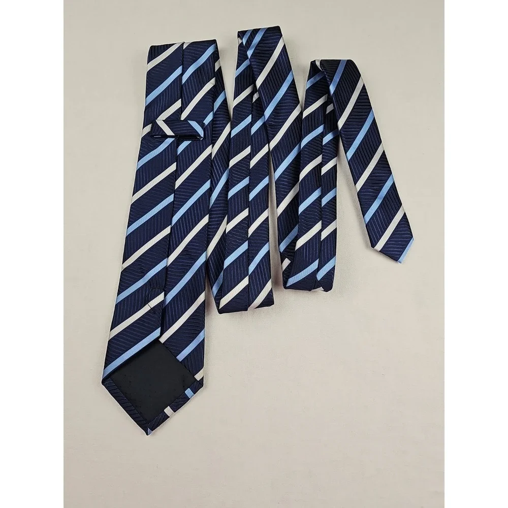 Men's Necktie Tie Classic Striped White Blue 100% Silk Hand Made Office Preppy